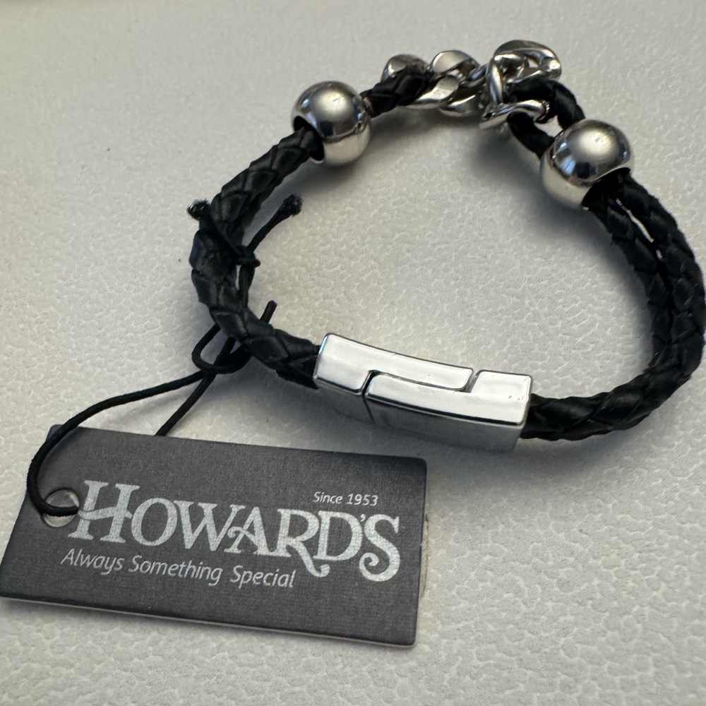 Black and Silver Men's Bracelet Leather braided magnetic closure by Howard’s